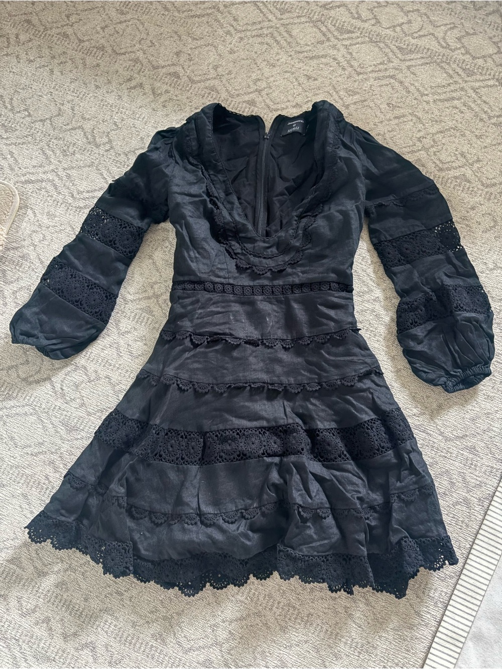Zimmermann Black Long-Sleeve Lace-Trim Mini Dress